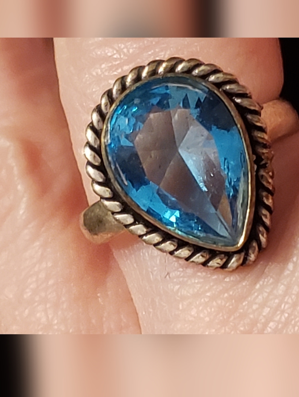 NEW STERLING stamped Blue Topaz Ring, Sz 8, Large Teardrop, Peacock Blue, Indian